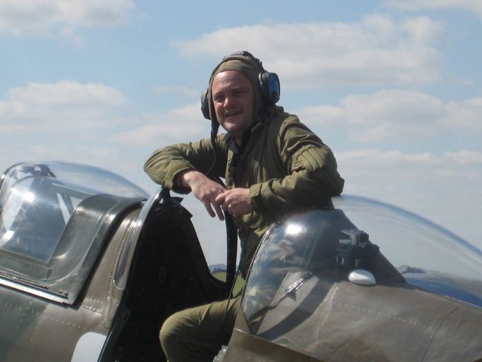 Comedian Al Murray in Supermarine Spitfire at Imperial War Museum Duxford