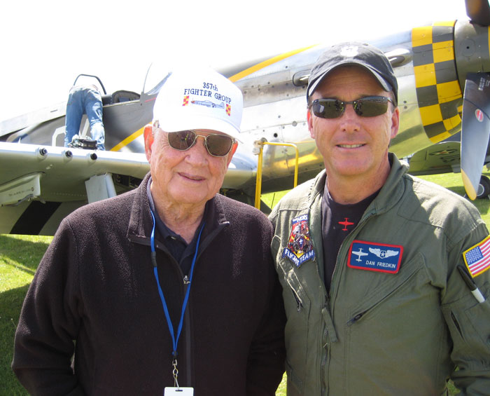 Bud Anderson and Dan Friedkin after opening the Spring Air Show in Mustang P-51 Miss Velma