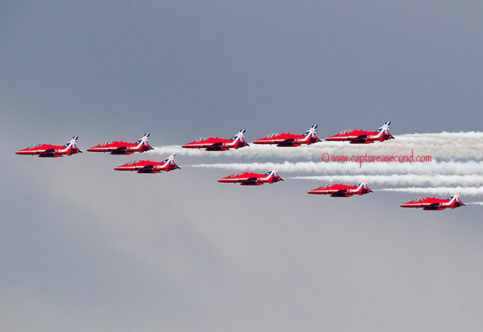 The Red Arrows flew their first nine-ship today with their 50th anniversary tail art