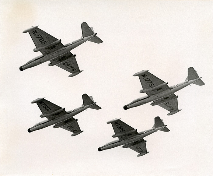 A four-ship formation of Canberra B6 aircraft. Crown Copyright